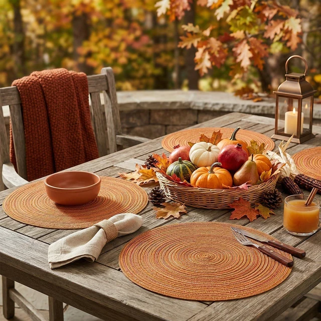 Alt view image 4 of 7 - Orange Cotton Polyester Braided Placemats Set of 4, 14 Inch Washable Non-Slip Woven Round Table Mats for Party Kitchen Dining Decor