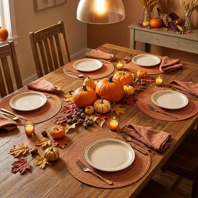 Alt view image 6 of 7 - Orange Cotton Polyester Braided Placemats Set of 4, 14 Inch Washable Non-Slip Woven Round Table Mats for Party Kitchen Dining Decor