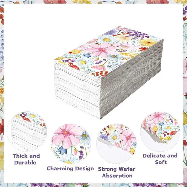 Alt view image 3 of 6 - 100 Pcs Spring Floral Paper Napkins 3 Ply Watercolor Daisy Disposable Absorbent Hand Towel Vintage Colorful Flower Dinner Decorative Guest Napkin for Birthday Wedding Bridal Shower Tea Party Supplies