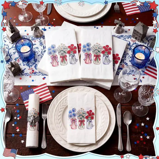 Alt view image 4 of 7 - 50 Pcs 4th of July Napkins Rustic American Floral Cocktail Disposable Napkins Patriotic 250 Year Anniversary Birthday Hand Towels for Independence Day Memorial Day Party Supplies