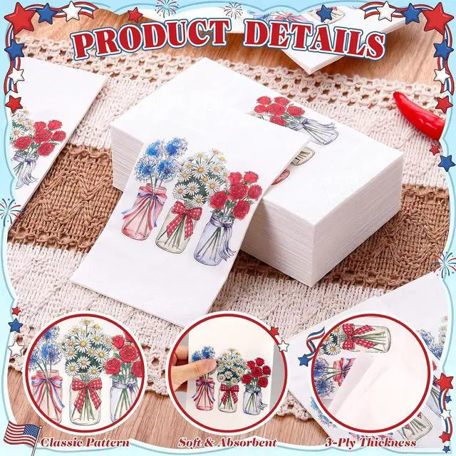 Alt view image 3 of 7 - 50 Pcs 4th of July Napkins Rustic American Floral Cocktail Disposable Napkins Patriotic 250 Year Anniversary Birthday Hand Towels for Independence Day Memorial Day Party Supplies