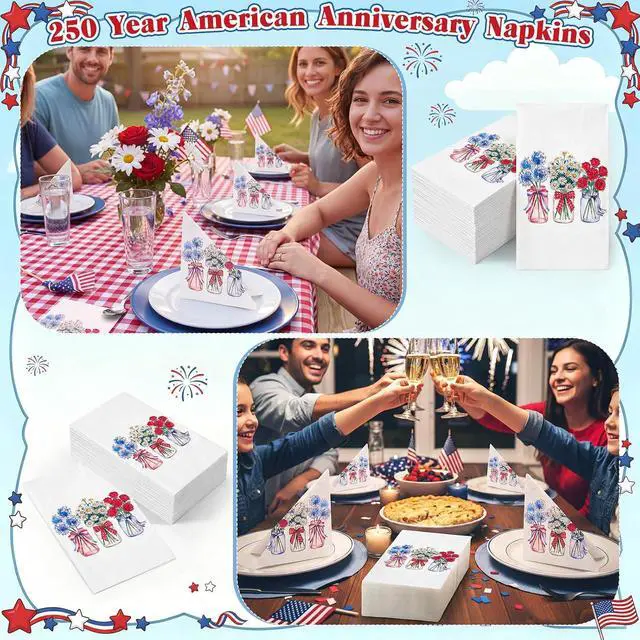 Alt view image 5 of 7 - 50 Pcs 4th of July Napkins Rustic American Floral Cocktail Disposable Napkins Patriotic 250 Year Anniversary Birthday Hand Towels for Independence Day Memorial Day Party Supplies