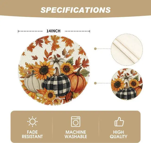 Alt view image 6 of 6 - Pumpkins Sunflowers Round Fall Placemats Set of 4-14 Inch
