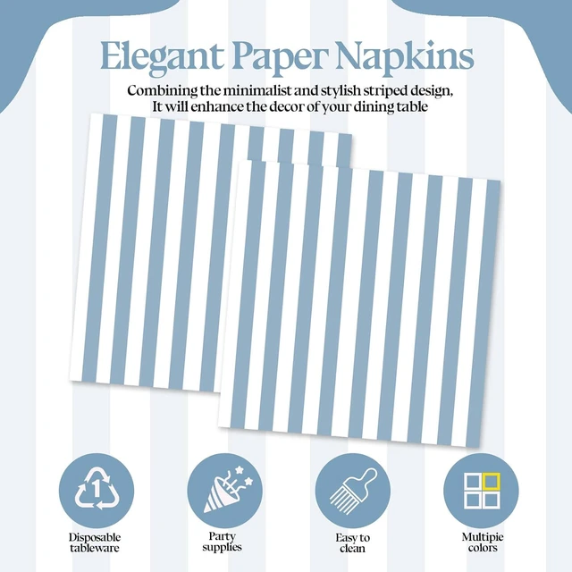 Alt view image 3 of 7 - 50PCS Blue and White Striped Paper Napkins, Light Blue Dinner Napkin Disposable Beverage Dessert Luncheon Napkins for Birthday Bridal & Baby Shower Wedding Party Supplies (Blue)
