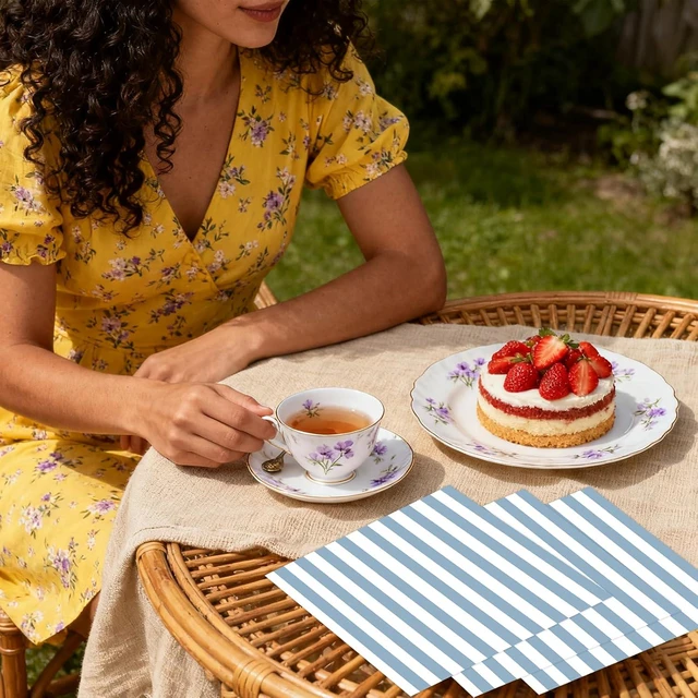 Alt view image 4 of 7 - 50PCS Blue and White Striped Paper Napkins, Light Blue Dinner Napkin Disposable Beverage Dessert Luncheon Napkins for Birthday Bridal & Baby Shower Wedding Party Supplies (Blue)