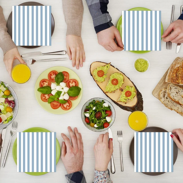 Alt view image 6 of 7 - 50PCS Blue and White Striped Paper Napkins, Light Blue Dinner Napkin Disposable Beverage Dessert Luncheon Napkins for Birthday Bridal & Baby Shower Wedding Party Supplies (Blue)
