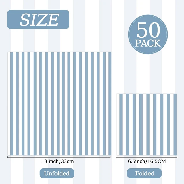 Alt view image 2 of 7 - 50PCS Blue and White Striped Paper Napkins, Light Blue Dinner Napkin Disposable Beverage Dessert Luncheon Napkins for Birthday Bridal & Baby Shower Wedding Party Supplies (Blue)