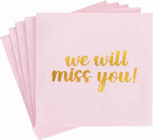 Main image of 50 Pack We Will Miss You Cocktail Napkins - Farewell Party Decorations for Coworkers Leaving, Retirement,Graduation, Military Goodluck & Moving Celebrations(5" Folded 2 Ply-Pink)
