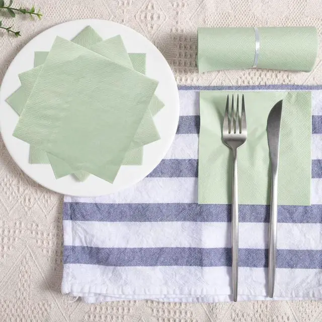 Alt view image 6 of 7 - 100 Pack Cocktail Napkin 2-Ply Disposable Napkins 5 x 5IN Sage-Green | Dessert Napkins for Dinner Wedding Birthday Party Bridal Anniversary Reception Event