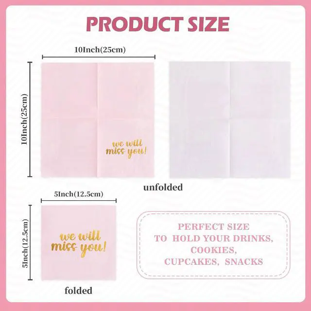 Alt view image 2 of 6 - 50 Pack We Will Miss You Cocktail Napkins - Farewell Party Decorations for Coworkers Leaving, Retirement,Graduation, Military Goodluck & Moving Celebrations(5" Folded 2 Ply-Pink)