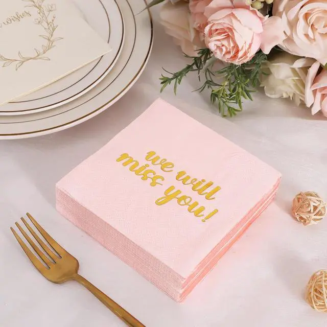 Alt view image 4 of 6 - 50 Pack We Will Miss You Cocktail Napkins - Farewell Party Decorations for Coworkers Leaving, Retirement,Graduation, Military Goodluck & Moving Celebrations(5" Folded 2 Ply-Pink)