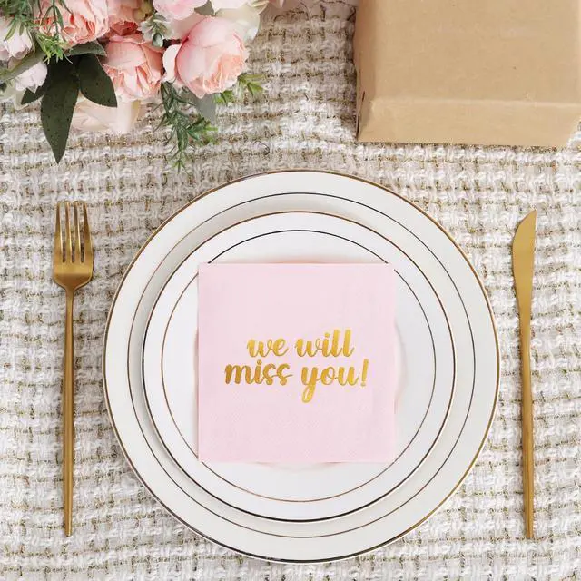 Alt view image 5 of 6 - 50 Pack We Will Miss You Cocktail Napkins - Farewell Party Decorations for Coworkers Leaving, Retirement,Graduation, Military Goodluck & Moving Celebrations(5" Folded 2 Ply-Pink)
