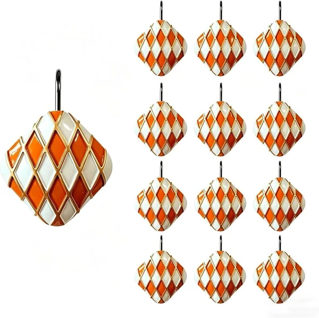 Main image of Living Room Decor (Orange), Bedroom, Rustproof Metal Shower Hooks for Bathroom, 12Pcs Resin Diamond Lattice Quadrilateral Shower Curtain Rings, Decorative Geometric Shower Curtain Hooks