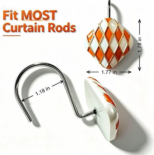 Alt view image 2 of 7 - Living Room Decor (Orange), Bedroom, Rustproof Metal Shower Hooks for Bathroom, 12Pcs Resin Diamond Lattice Quadrilateral Shower Curtain Rings, Decorative Geometric Shower Curtain Hooks