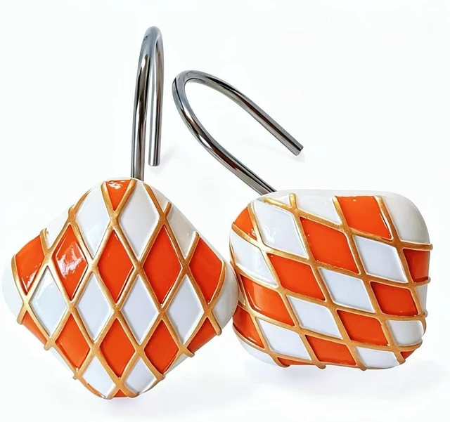 Alt view image 3 of 7 - Living Room Decor (Orange), Bedroom, Rustproof Metal Shower Hooks for Bathroom, 12Pcs Resin Diamond Lattice Quadrilateral Shower Curtain Rings, Decorative Geometric Shower Curtain Hooks