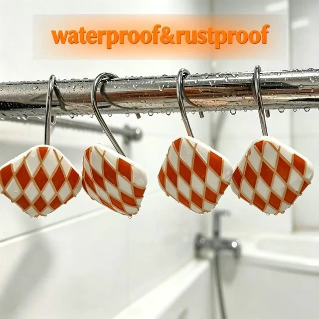 Alt view image 4 of 7 - Living Room Decor (Orange), Bedroom, Rustproof Metal Shower Hooks for Bathroom, 12Pcs Resin Diamond Lattice Quadrilateral Shower Curtain Rings, Decorative Geometric Shower Curtain Hooks