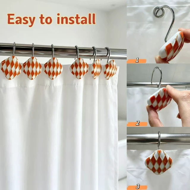 Alt view image 5 of 7 - Living Room Decor (Orange), Bedroom, Rustproof Metal Shower Hooks for Bathroom, 12Pcs Resin Diamond Lattice Quadrilateral Shower Curtain Rings, Decorative Geometric Shower Curtain Hooks
