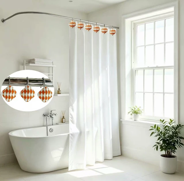 Alt view image 6 of 7 - Living Room Decor (Orange), Bedroom, Rustproof Metal Shower Hooks for Bathroom, 12Pcs Resin Diamond Lattice Quadrilateral Shower Curtain Rings, Decorative Geometric Shower Curtain Hooks