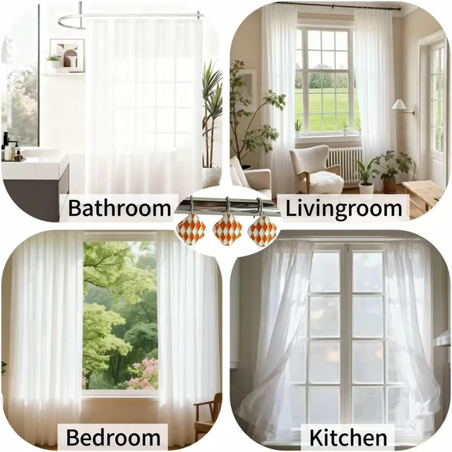 Alt view image 7 of 7 - Living Room Decor (Orange), Bedroom, Rustproof Metal Shower Hooks for Bathroom, 12Pcs Resin Diamond Lattice Quadrilateral Shower Curtain Rings, Decorative Geometric Shower Curtain Hooks