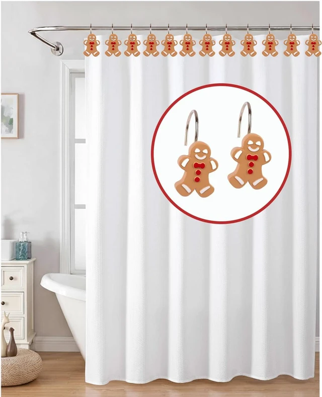 Alt view image 4 of 5 - Metal Rustproof Shower Curtain Rings for Xmas Bathroom Décor, Cute Xmas Cookie Man Winter Holiday Decorative Bath Curtain Hooks, 12PCS Christmas Gingerbread Shower Curtain Hooks