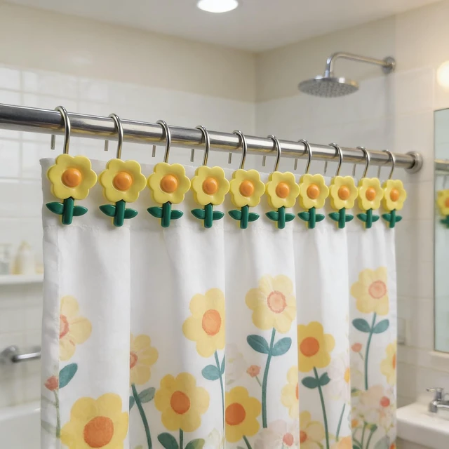 Alt view image 2 of 7 - Colorful Sun Flower Shower Rings S/12 Decorative Rust Proof Rose Shower Curtain Hooks Pack of 12 Sun Flower Shower Curtain Rings Set of 12