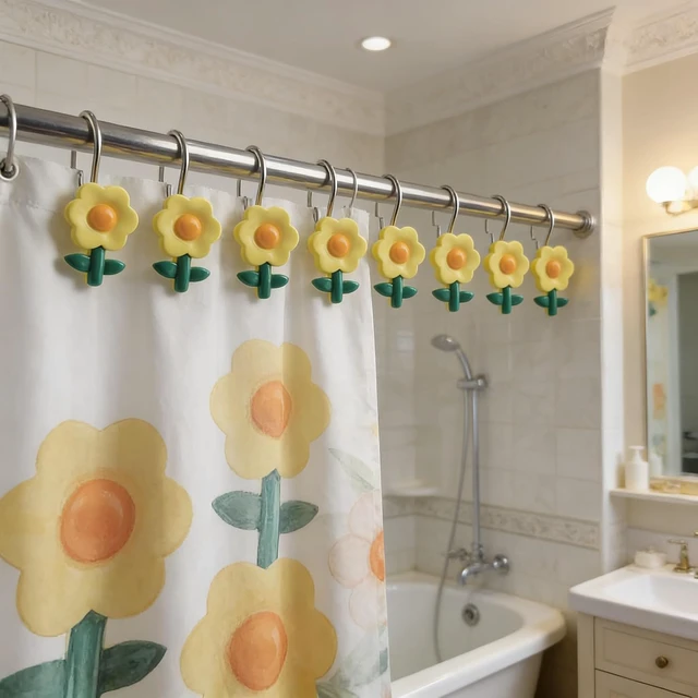 Alt view image 3 of 7 - Colorful Sun Flower Shower Rings S/12 Decorative Rust Proof Rose Shower Curtain Hooks Pack of 12 Sun Flower Shower Curtain Rings Set of 12