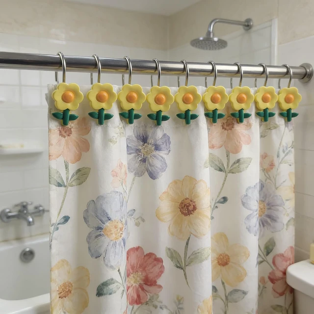 Alt view image 5 of 7 - Colorful Sun Flower Shower Rings S/12 Decorative Rust Proof Rose Shower Curtain Hooks Pack of 12 Sun Flower Shower Curtain Rings Set of 12