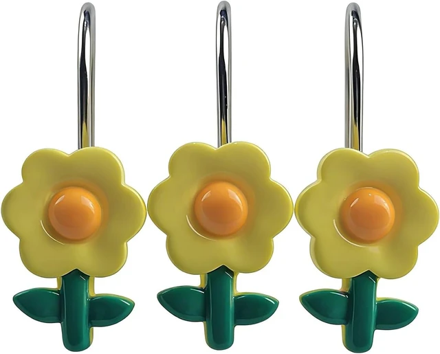 Alt view image 6 of 7 - Colorful Sun Flower Shower Rings S/12 Decorative Rust Proof Rose Shower Curtain Hooks Pack of 12 Sun Flower Shower Curtain Rings Set of 12