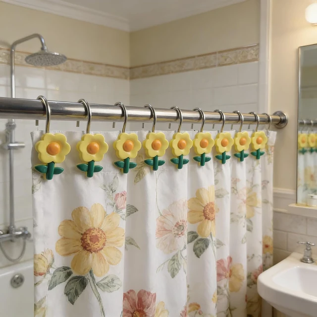 Alt view image 7 of 7 - Colorful Sun Flower Shower Rings S/12 Decorative Rust Proof Rose Shower Curtain Hooks Pack of 12 Sun Flower Shower Curtain Rings Set of 12