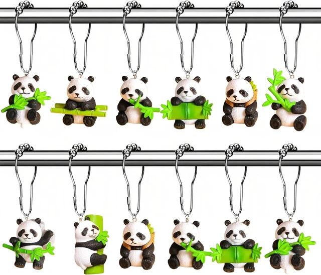 Main image of Green Kids Bathroom Decor Accessories, Silver Stainless Steel Metal Shower Curtain Hanger Hooks, Cute Animals Shower Curtain Rings, 12Pcs Bamboo Panda Shower Curtain Hooks Decorative for Curtain Rods