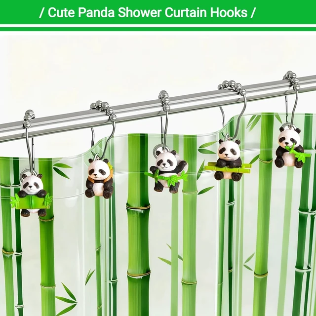 Alt view image 2 of 7 - Green Kids Bathroom Decor Accessories, Silver Stainless Steel Metal Shower Curtain Hanger Hooks, Cute Animals Shower Curtain Rings, 12Pcs Bamboo Panda Shower Curtain Hooks Decorative for Curtain Rods