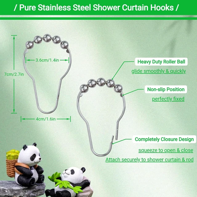 Alt view image 3 of 7 - Green Kids Bathroom Decor Accessories, Silver Stainless Steel Metal Shower Curtain Hanger Hooks, Cute Animals Shower Curtain Rings, 12Pcs Bamboo Panda Shower Curtain Hooks Decorative for Curtain Rods