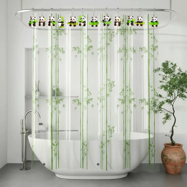 Alt view image 6 of 7 - Green Kids Bathroom Decor Accessories, Silver Stainless Steel Metal Shower Curtain Hanger Hooks, Cute Animals Shower Curtain Rings, 12Pcs Bamboo Panda Shower Curtain Hooks Decorative for Curtain Rods