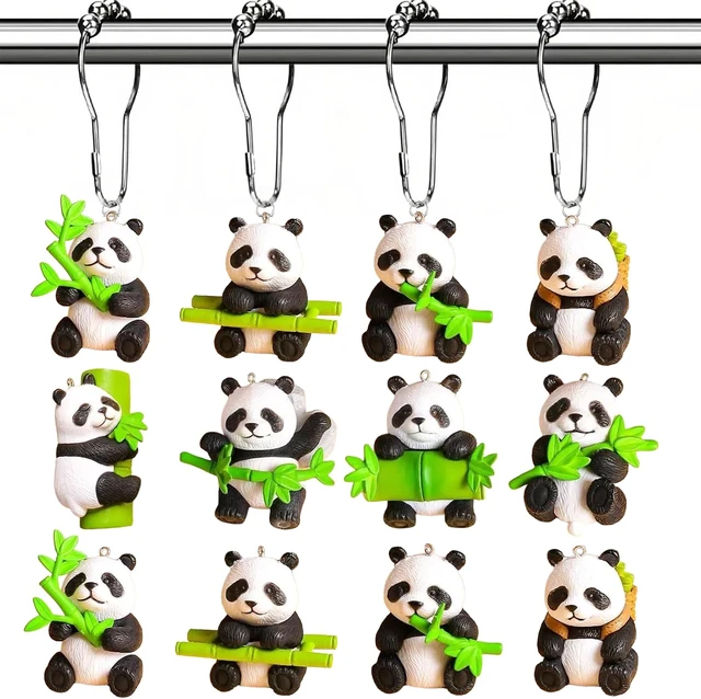 Alt view image 7 of 7 - Green Kids Bathroom Decor Accessories, Silver Stainless Steel Metal Shower Curtain Hanger Hooks, Cute Animals Shower Curtain Rings, 12Pcs Bamboo Panda Shower Curtain Hooks Decorative for Curtain Rods