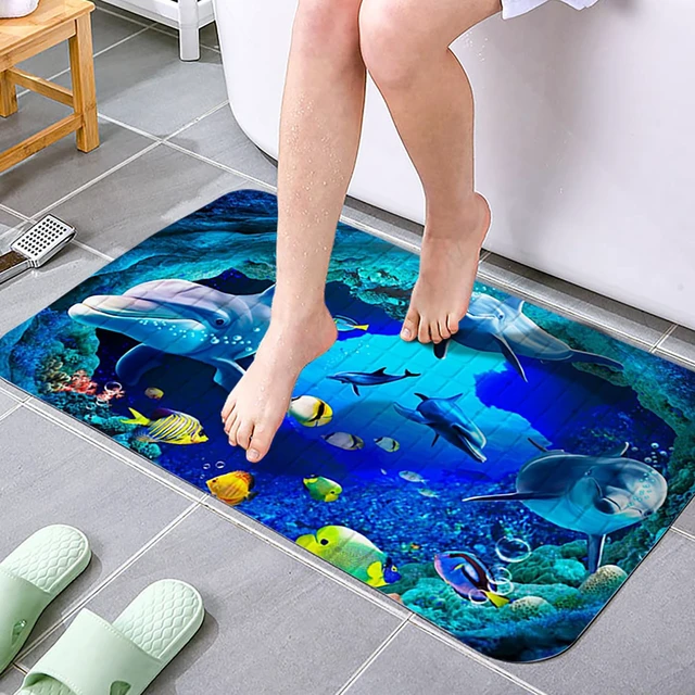 Alt view image 2 of 7 - Navy Blue Non Slip Bath Tub Mat Ocean Shower Mat Non-Slip Cute Dolphin Blue Sea Ocean Fish Bathtub Mats with Suction Cups and Drain Holes Bathroom Soft Showermat 15"x27"