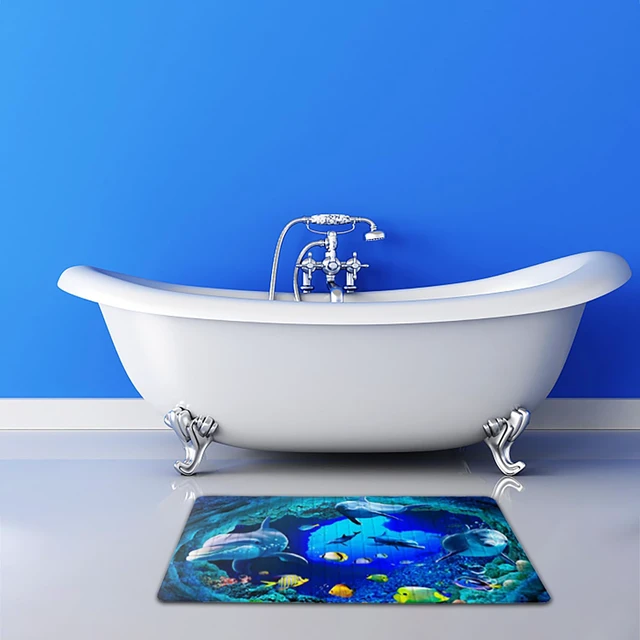 Alt view image 3 of 7 - Navy Blue Non Slip Bath Tub Mat Ocean Shower Mat Non-Slip Cute Dolphin Blue Sea Ocean Fish Bathtub Mats with Suction Cups and Drain Holes Bathroom Soft Showermat 15"x27"
