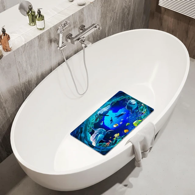Alt view image 4 of 7 - Navy Blue Non Slip Bath Tub Mat Ocean Shower Mat Non-Slip Cute Dolphin Blue Sea Ocean Fish Bathtub Mats with Suction Cups and Drain Holes Bathroom Soft Showermat 15"x27"