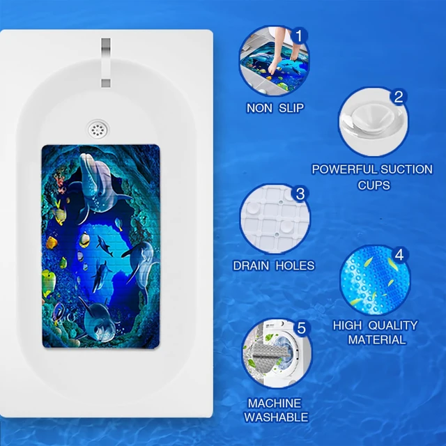 Alt view image 5 of 7 - Navy Blue Non Slip Bath Tub Mat Ocean Shower Mat Non-Slip Cute Dolphin Blue Sea Ocean Fish Bathtub Mats with Suction Cups and Drain Holes Bathroom Soft Showermat 15"x27"