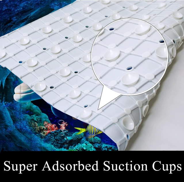 Alt view image 6 of 7 - Navy Blue Non Slip Bath Tub Mat Ocean Shower Mat Non-Slip Cute Dolphin Blue Sea Ocean Fish Bathtub Mats with Suction Cups and Drain Holes Bathroom Soft Showermat 15"x27"