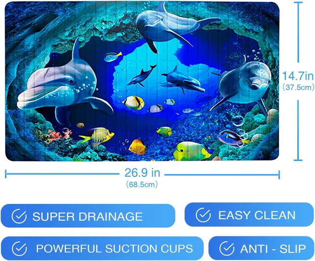 Alt view image 7 of 7 - Navy Blue Non Slip Bath Tub Mat Ocean Shower Mat Non-Slip Cute Dolphin Blue Sea Ocean Fish Bathtub Mats with Suction Cups and Drain Holes Bathroom Soft Showermat 15"x27"