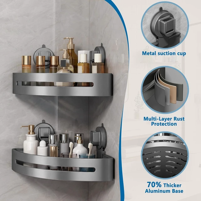 Alt view image 3 of 7 - Grey), No Drilling Rust Proof Aluminum Corner Shower Caddy Suction Cup (2-Pack, Removable Shower Corner Shelf Suction Cup, Extremely Strong Suction Power, 2026 UpgradedNew Suction Cup Shower Caddy