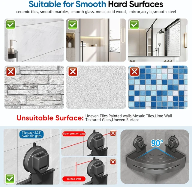 Alt view image 7 of 7 - Grey), No Drilling Rust Proof Aluminum Corner Shower Caddy Suction Cup (2-Pack, Removable Shower Corner Shelf Suction Cup, Extremely Strong Suction Power, 2026 UpgradedNew Suction Cup Shower Caddy