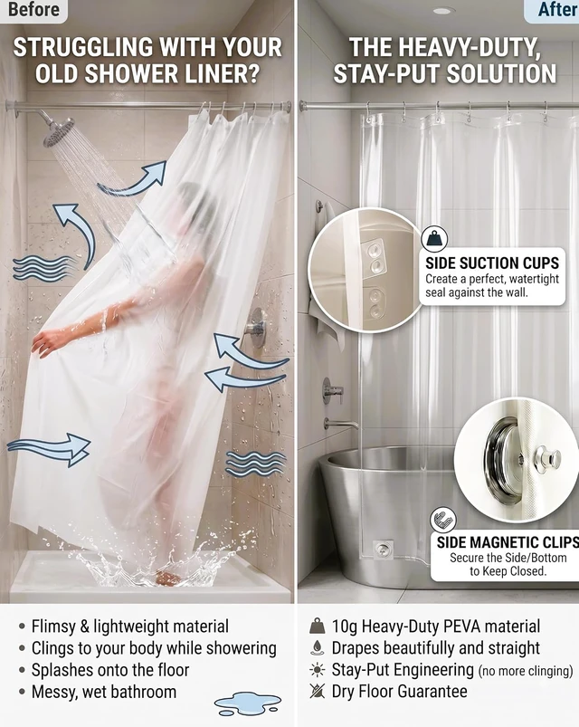 Alt view image 3 of 4 - 72x72, Clear, 2 Pack Shower Curtain Liners with Magnets