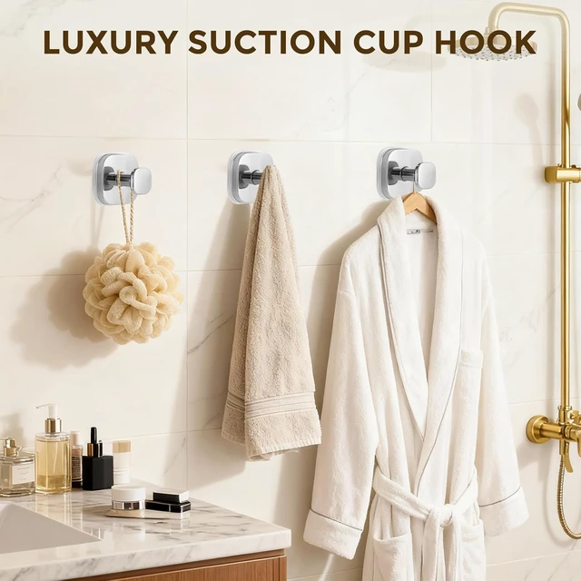 Alt view image 2 of 7 - 4 Pack), Christmas Wreath (Chrome, Loofah, Robe, Shower Suction Hooks for Hanging Towels, Tile, Mirror, Glass Door, Kitchen, No-Drill Towel Hooks for Bathrooms, Suction Cup Hooks for Shower