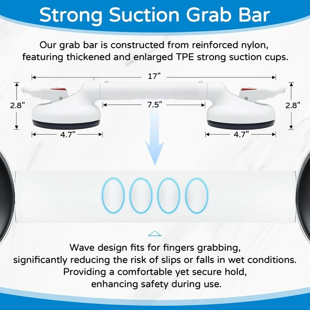 Alt view image 2 of 7 - Max Load 269LBS Safety Bar for Elderly Senior Disabled Handicap 17 Inch White, Suction Grab Bar for Shower Bathtub: Upgraded Heavy Duty Non-Slip Grip Handle with Strong Suction Cup for Bathroom Wall
