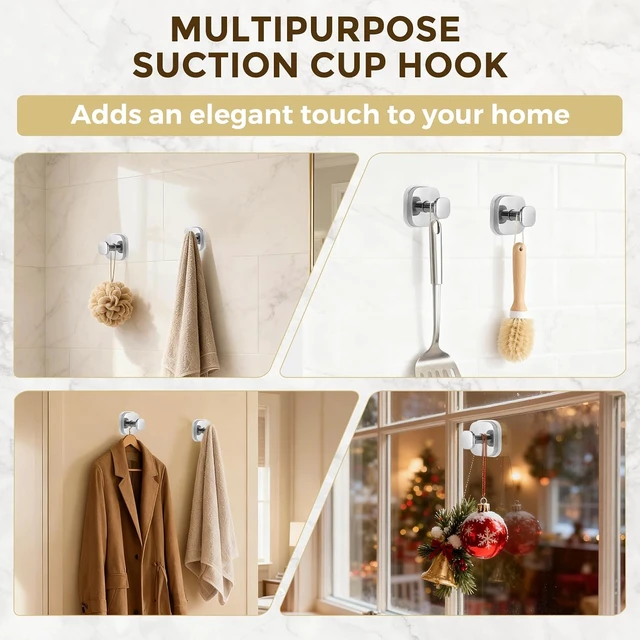 Alt view image 6 of 7 - 4 Pack), Christmas Wreath (Chrome, Loofah, Robe, Shower Suction Hooks for Hanging Towels, Tile, Mirror, Glass Door, Kitchen, No-Drill Towel Hooks for Bathrooms, Suction Cup Hooks for Shower