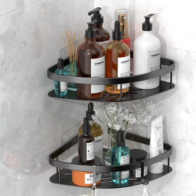Main image of Suction Cup (Black 2LBAT), Bathroom Shower Shelves With Hooks, Lanlord Wall Mounted Shower Organizer - 2 Pack No Drilling Adhesive Corner Shelf