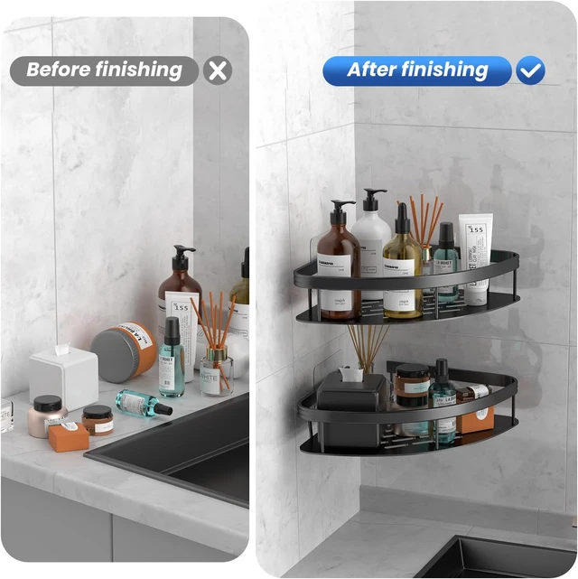 Alt view image 3 of 7 - Suction Cup (Black 2LBAT), Bathroom Shower Shelves With Hooks, Lanlord Wall Mounted Shower Organizer - 2 Pack No Drilling Adhesive Corner Shelf