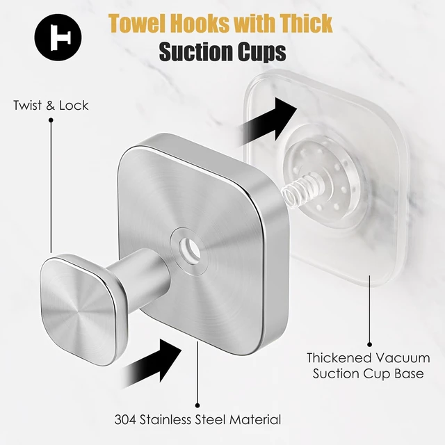 Alt view image 2 of 7 - Silver (4 Pack), Door, Tile, Glass, Waterproof Removable Towel Robe Hooks for Bathroom Wall, Heavy Duty No Drill Shower Hooks for Inside Shower, Suction Cup Hooks for Shower