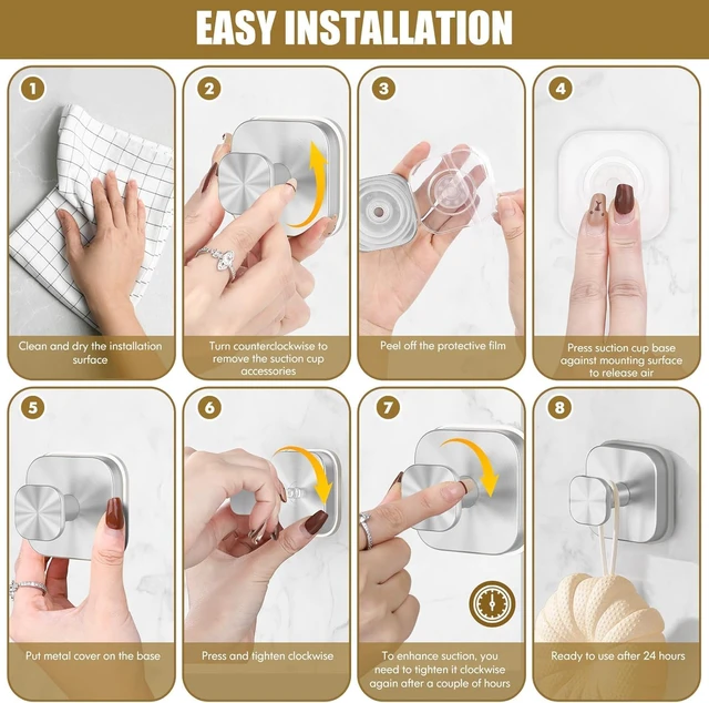 Alt view image 7 of 7 - Silver (4 Pack), Door, Tile, Glass, Waterproof Removable Towel Robe Hooks for Bathroom Wall, Heavy Duty No Drill Shower Hooks for Inside Shower, Suction Cup Hooks for Shower